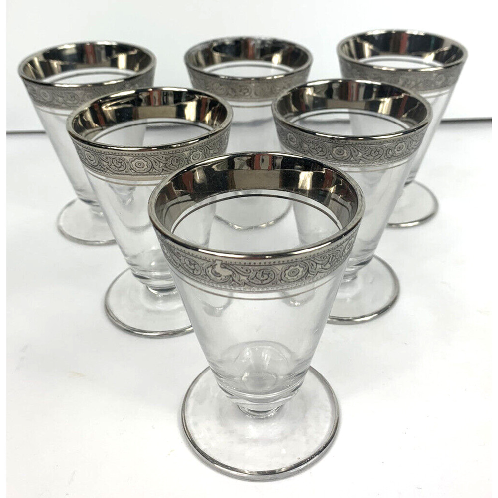 Lot 6 Glasses TIFFIN FRANCISCAN MINTON Platinum Rim 3 3/4” Juice Cordial Oyster